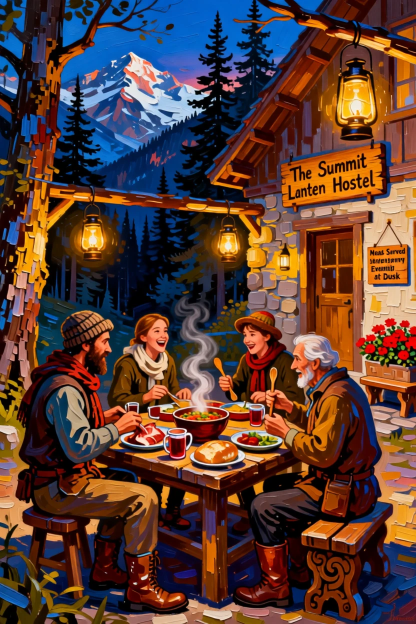 A group of travelers sharing a meal at a lantern-lit hostel courtyard in the mountains