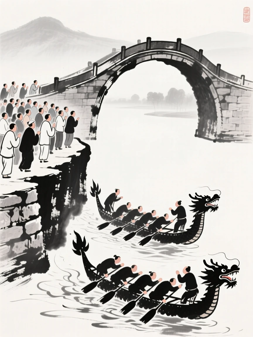 Spectators line a stone embankment to watch dragon boats race beneath a bridge, with distant hills forming a backdrop to the race.