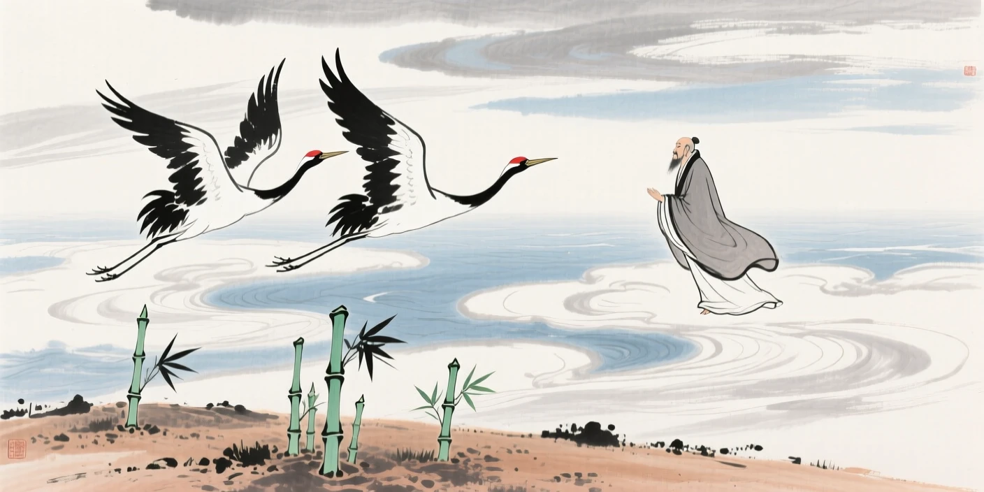 Immortal cranes carrying a robed sage across a sea of clouds, under a sky streaked with clouds, as new bamboo shoots break through the soil.