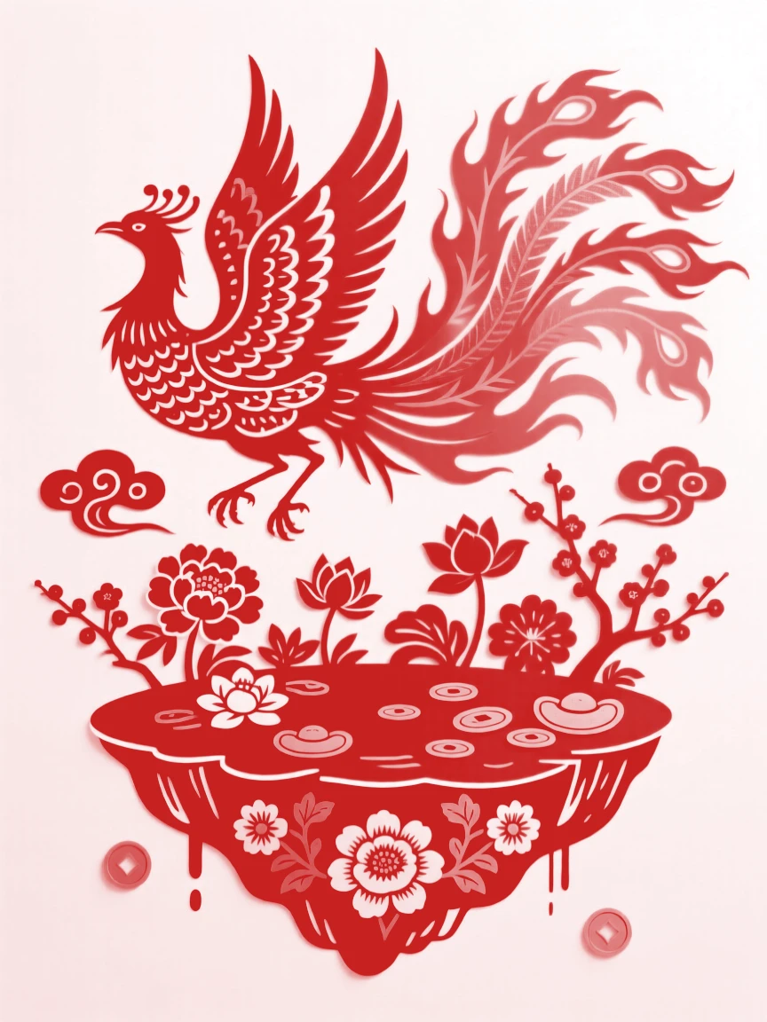 A phoenix soaring above a floating island garden, trailing streams of fire-colored light behind it