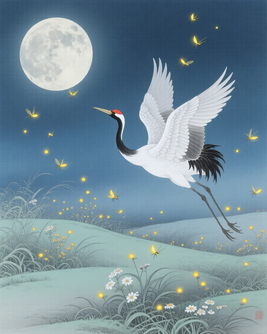 Fireflies dancing above a moonlit meadow, with a single crane flying across the moon