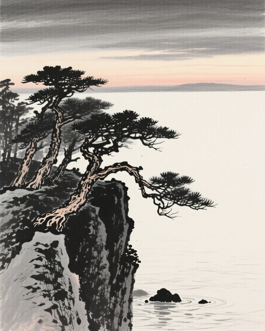A cluster of weathered pines clinging to a steep cliff face with the last light of dusk catching the water's surface, composed with wide open space above to emphasize the scale of the sky, suggesting the quiet vastness of the natural world.