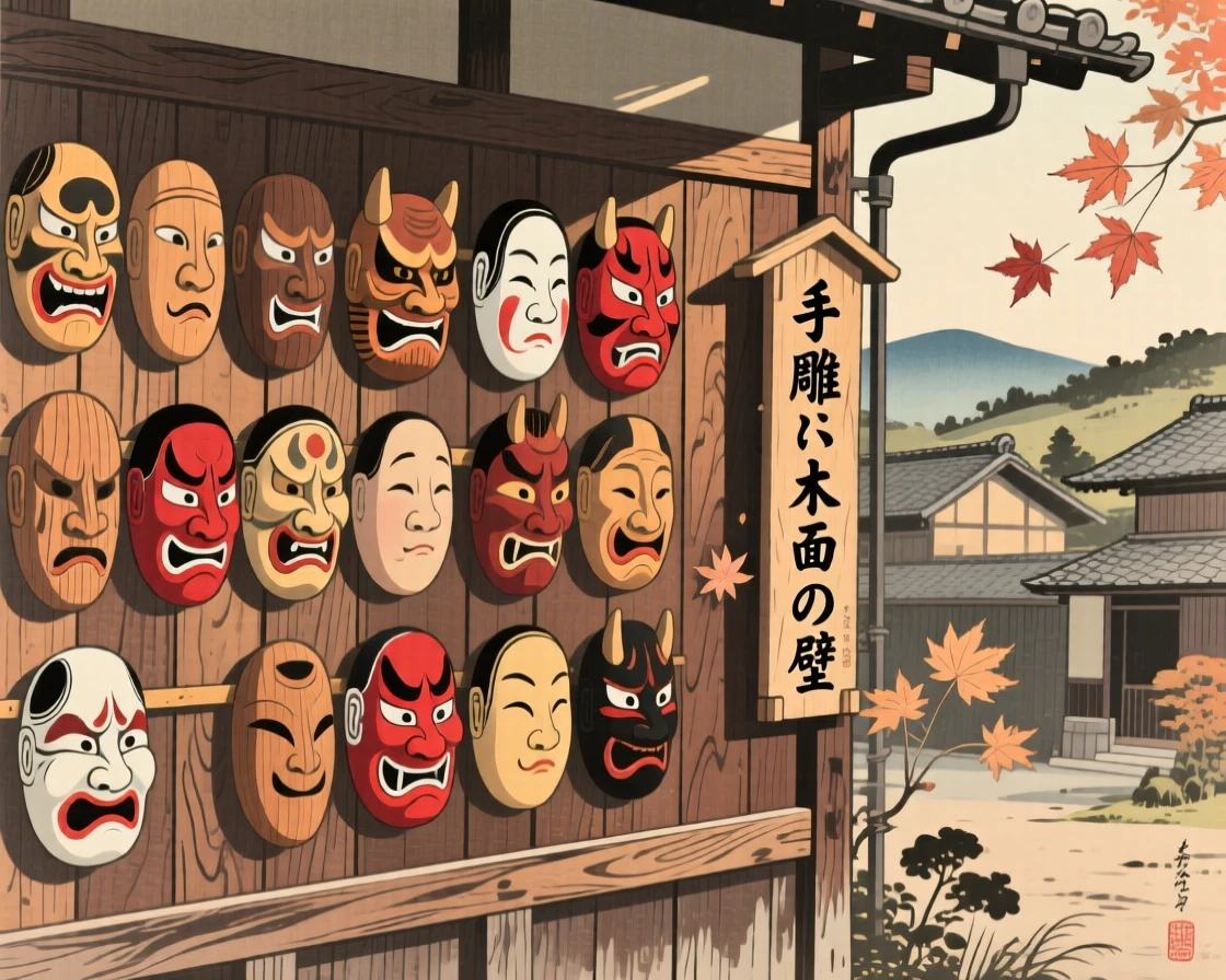 A wall of hand-carved wooden masks glowing warm in afternoon sunlight.