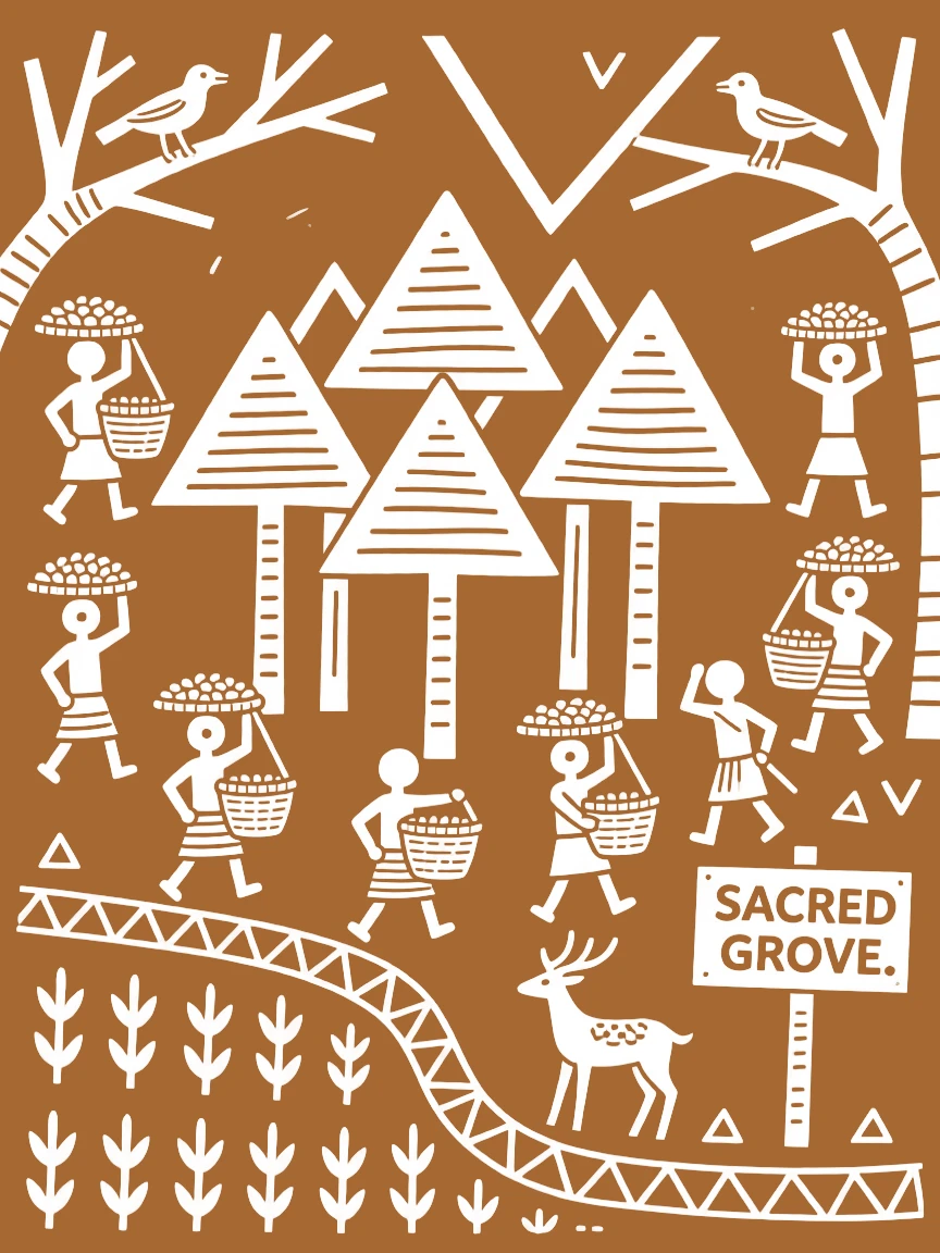 A composition centered on a sacred grove surrounded by farmers carrying baskets of grain.