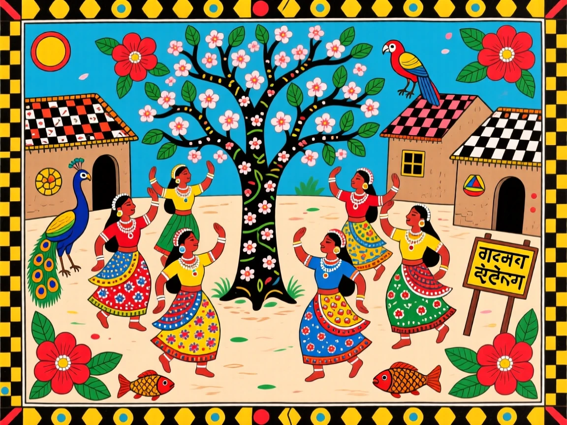 A group of dancers celebrating the arrival of spring in a village square.