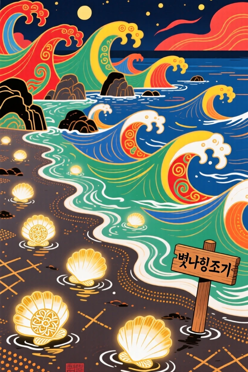 A dreamlike shoreline where the tide reveals glowing shells with each wave.