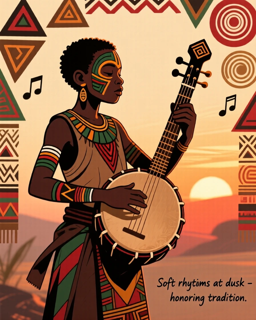 A young apprentice musician playing softly as the sun sets.