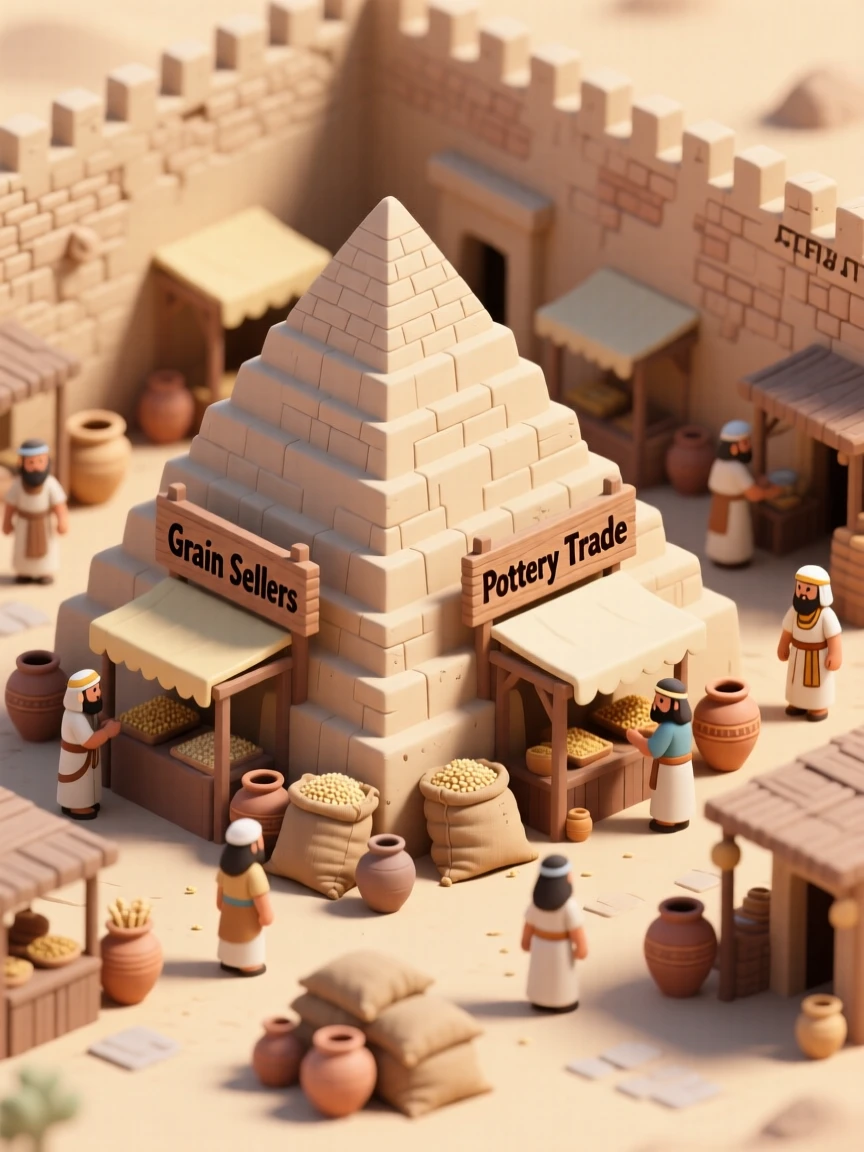 An ancient Sumerian ziggurat marketplace with merchants trading grain and pottery beneath towering mudbrick walls.