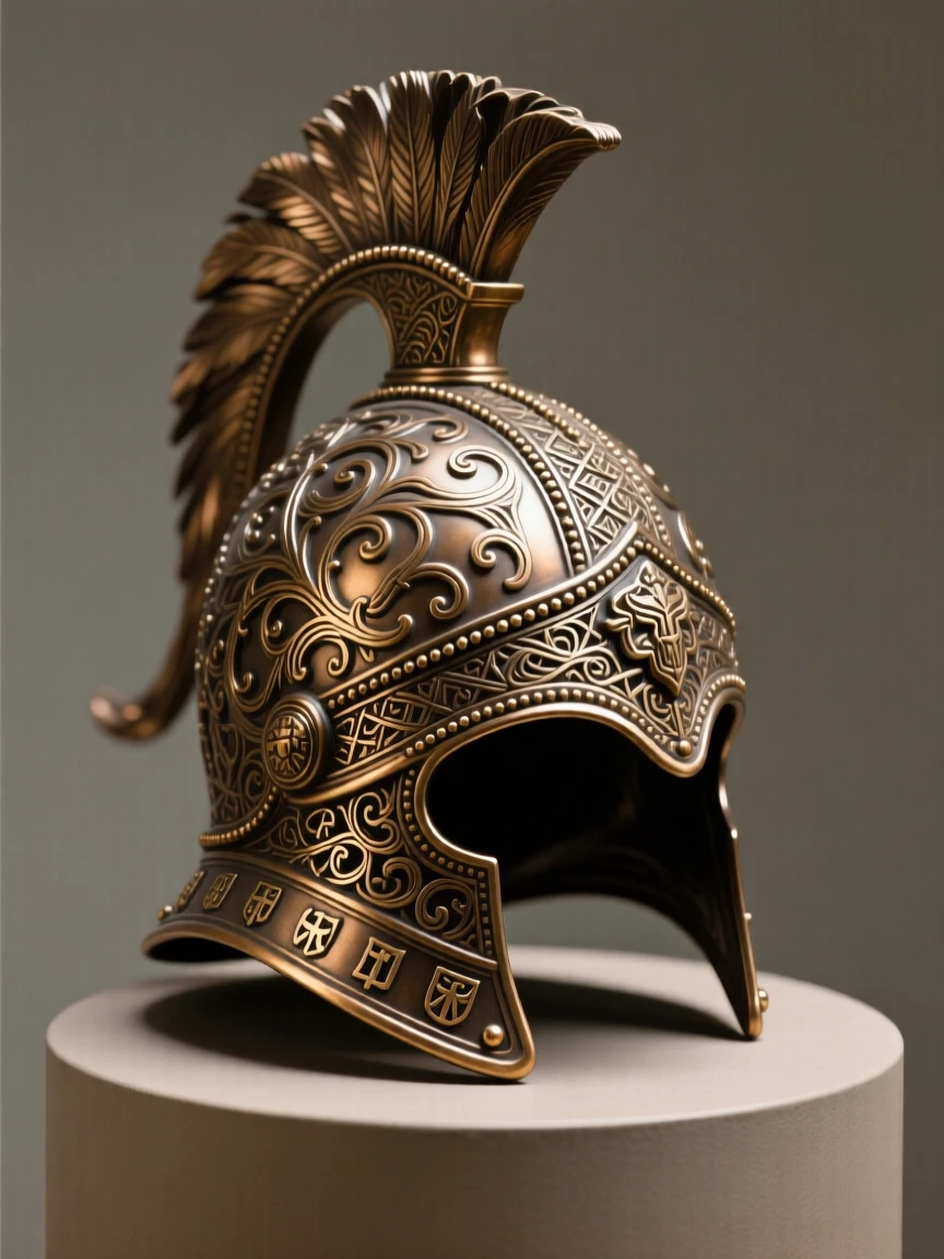 An ornate ceremonial helmet resting on display, with intricate craftsmanship on full display, radiating elegance and refinement