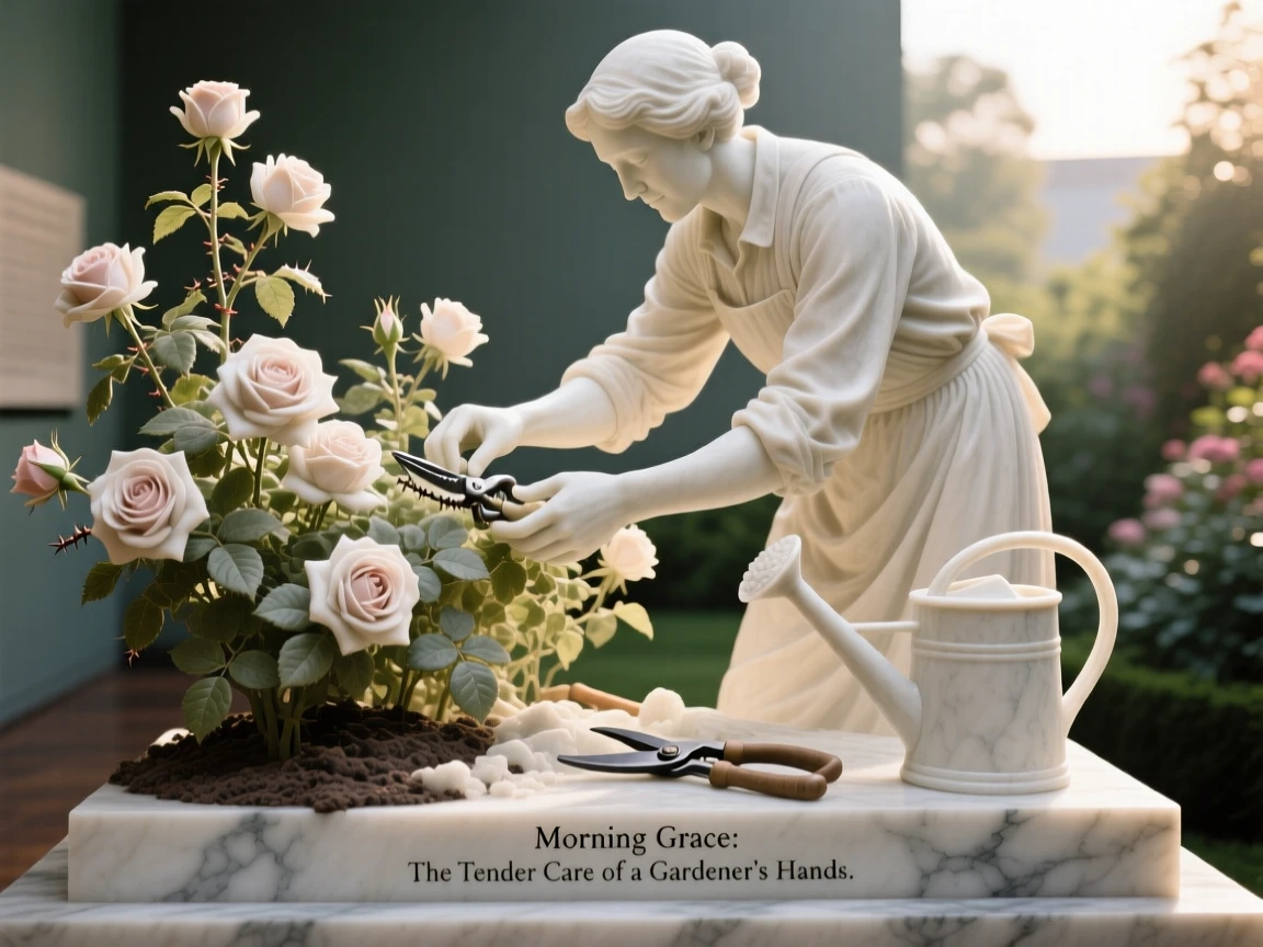 A vivid, emotionally rich scene of a gardener tending roses in early morning light, captured with cinematic depth and detail, designed to captivate and inspire