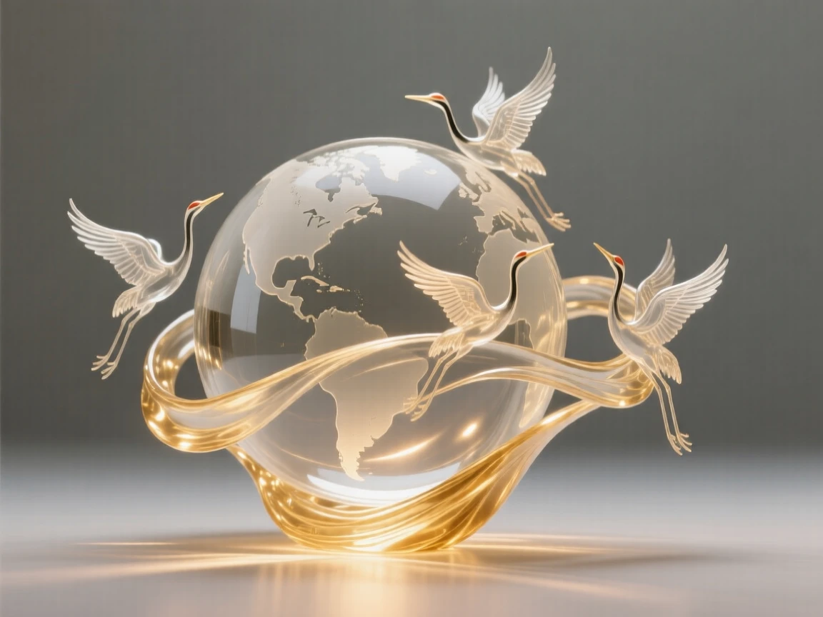 A globe encircled by a ribbon of migrating cranes with a warm glow surrounding the entire scene, while light seems to pulse gently outward from the center