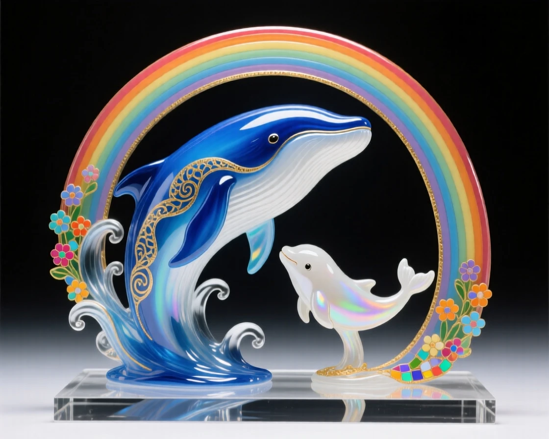 A mother whale breaching gracefully beside her calf beneath the brightest double rainbow, tender and awe-inspiring.