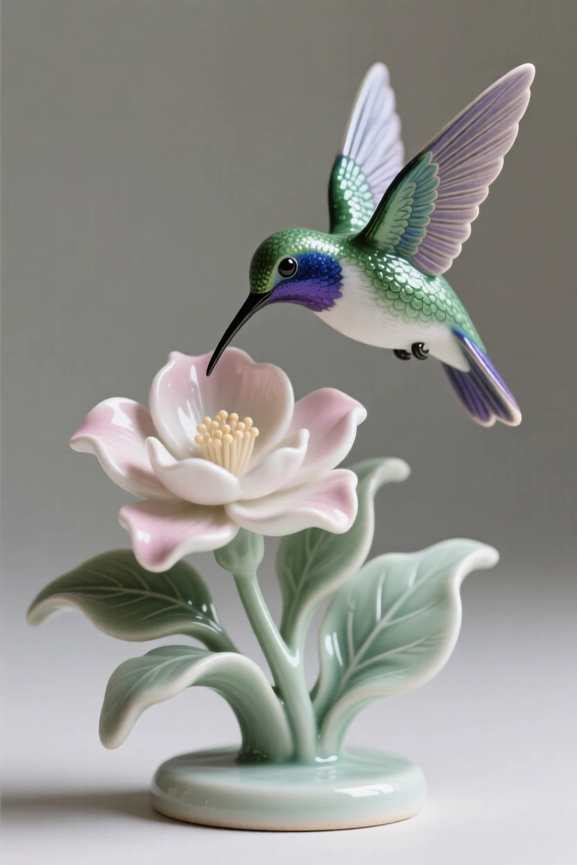 A hummingbird hovering beside a blossom resting quietly amid soft foliage, with iridescent feathers catching the light, radiating delicate, fleeting beauty.