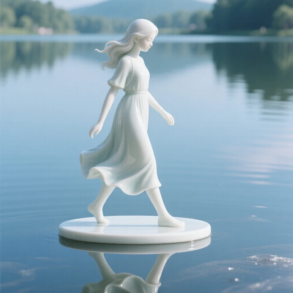 A dreamlike scene of a girl walking on the surface of a still, mirrored lake, rendered with soft, dreamlike light.