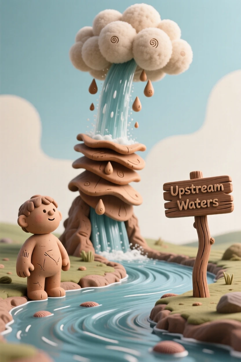 A river that flows upward into a waterfall pouring into the sky