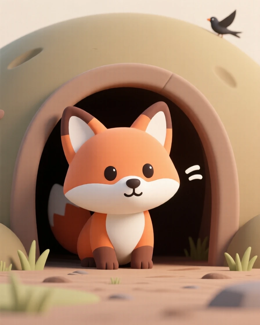 A curious fox kit pokes its head out of a den entrance, ears perked at the sound of birdsong.