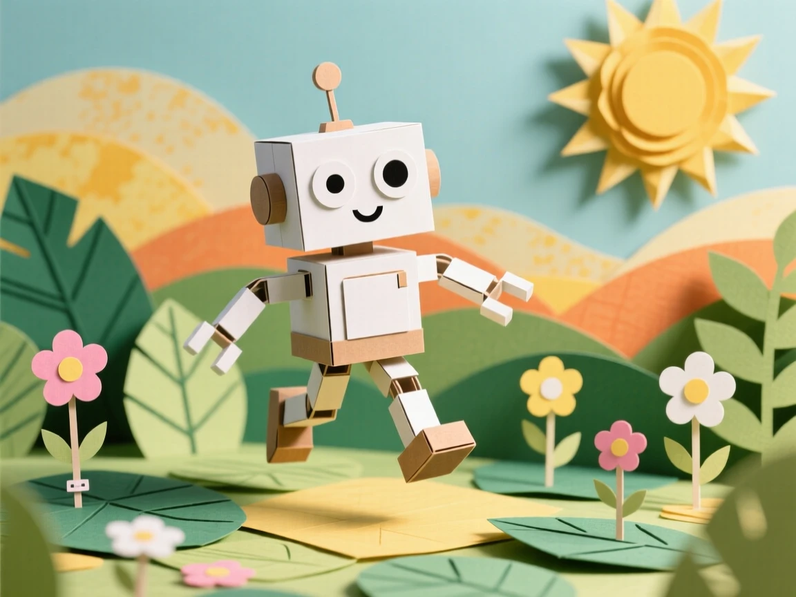 A curious little robot bouncing through a sunlit garden, with a comically cross-eyed expression, capturing pure adorable innocence.
