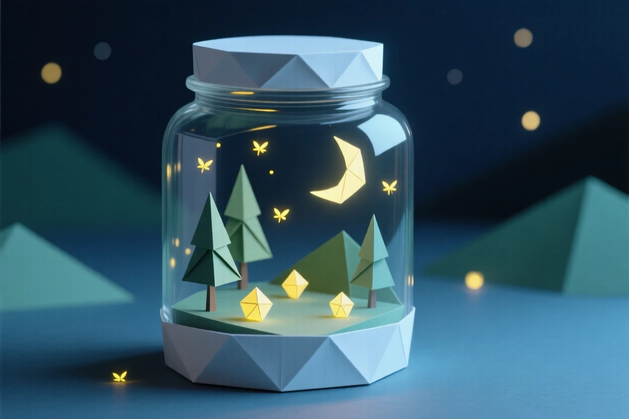 A jar of fireflies illuminating a miniature nighttime landscape inside the glass.