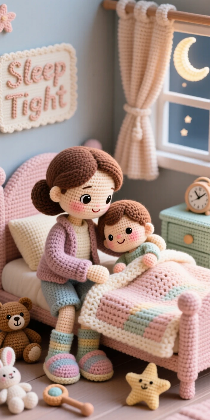 a mother tucking her child into bed, smoothing the blanket with gentle hands, kissing their forehead goodnight, in a cozy bedroom decorated for a good night's sleep, with a scattering of toys tidied nearby, radiating heartfelt closeness and shared happiness.