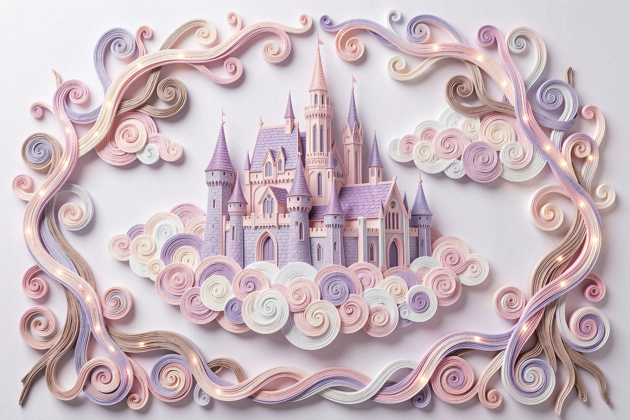 a magical castle floating among the clouds, within a cathedral of ancient twisted roots, framed by an arch of twisting glowing vines, in dreamy pastel tones of lavender and rose.