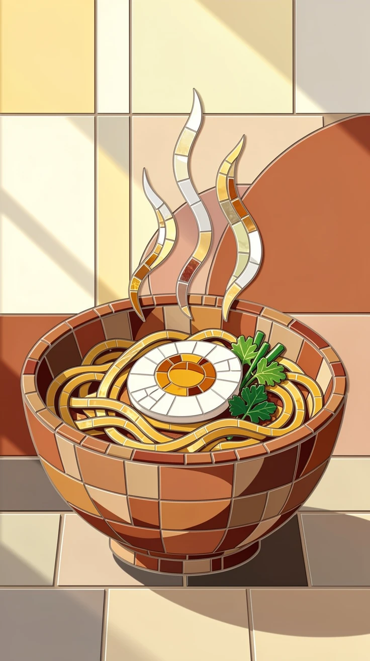A steaming bowl of ramen topped with a soft egg and fresh herbs, styled beautifully with warm natural window light.