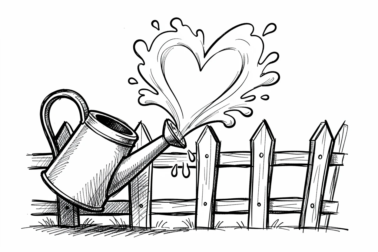 A watering can pouring a heart-shaped splash against a picket fence.