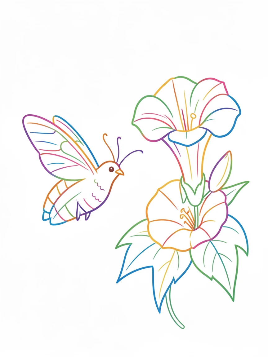 A close-up of a hummingbird moth hovering beside a trumpet vine.