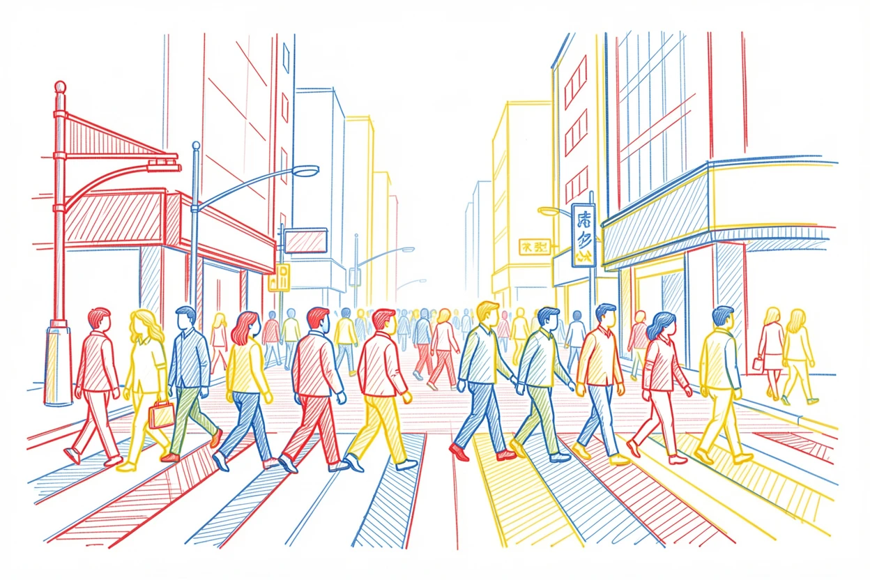 A busy crosswalk in a neon-lit city intersection at night