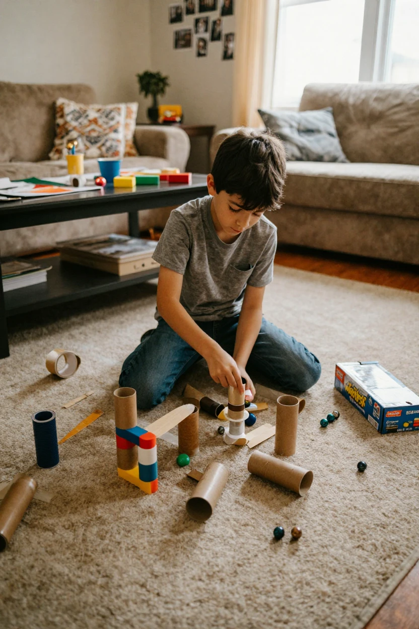 A boy builds an elaborate marble run out of cardboard tubes across the living room floor.