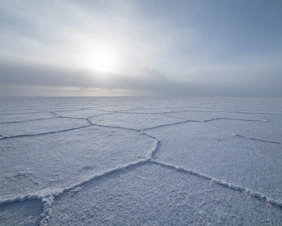 A vast salt flat stretching to the horizon as the first snow of winter falls