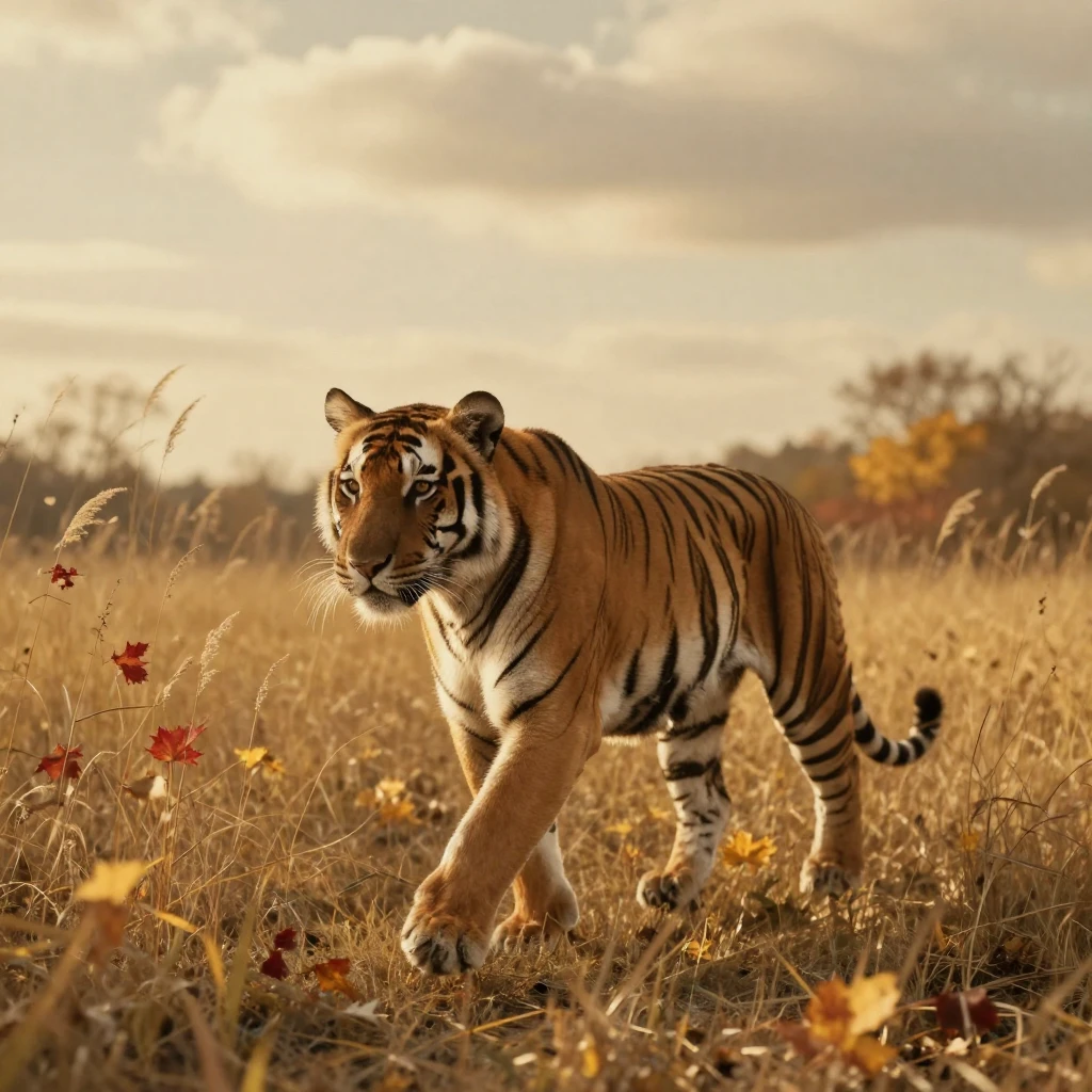 A tiger moving silently through tall golden grass, under soft golden-hour light, under scattered clouds, as autumn leaves turn gold and red, with a soft sepia-tinted glow, from a wide establishing view.