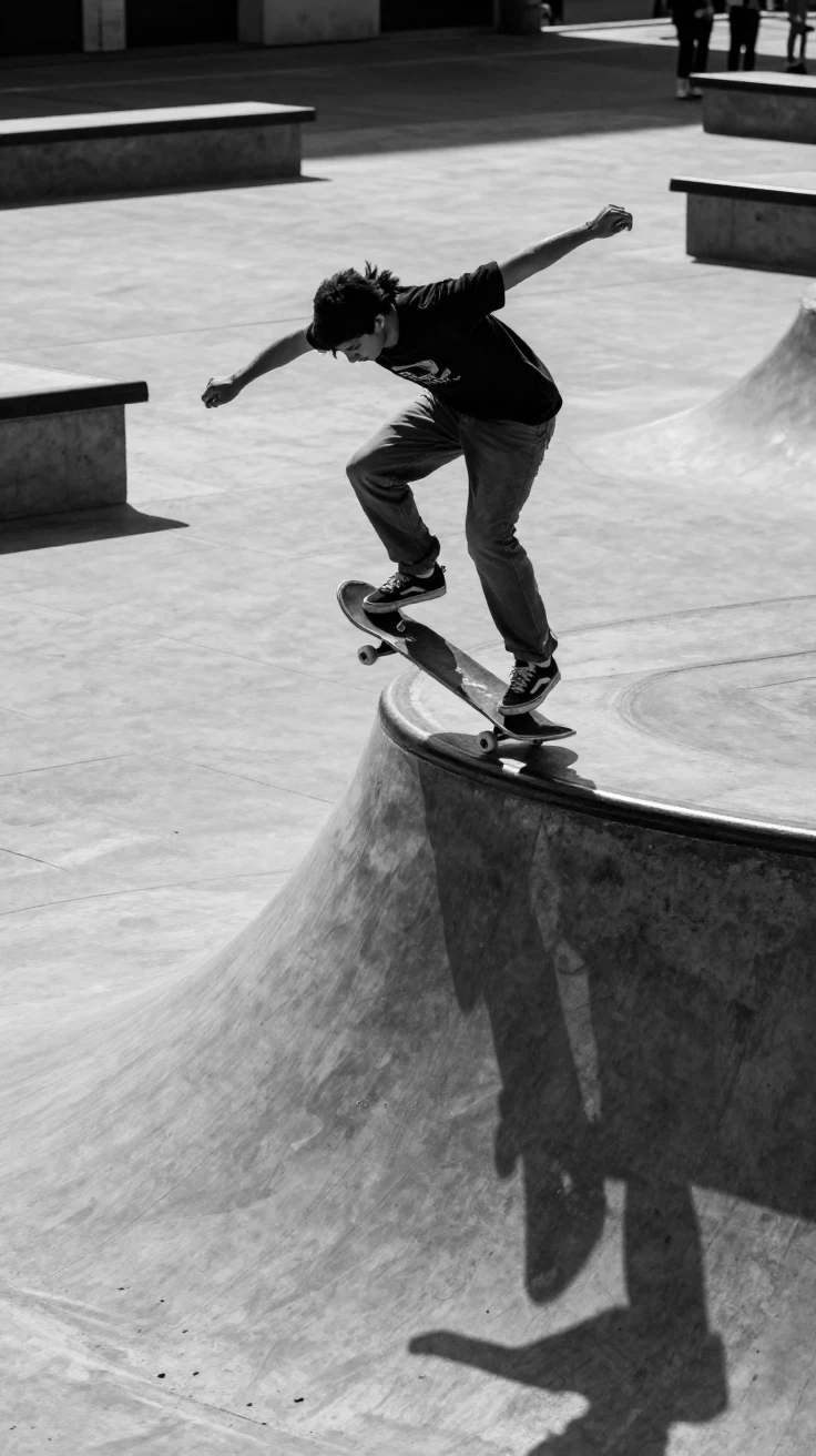 A skateboarder lands a trick above a concrete ramp on a sunlit concrete plaza.