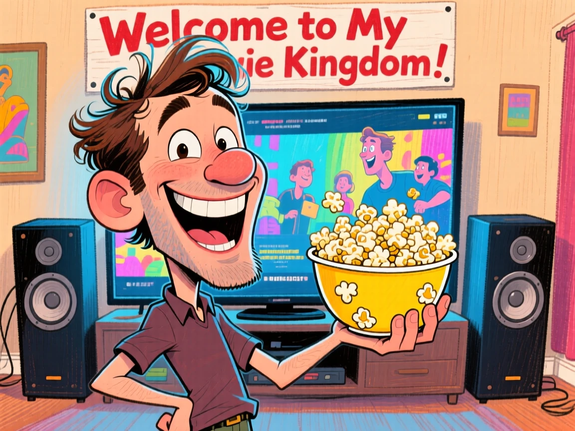 A man showing off his home theater setup with a bowl of popcorn in hand.