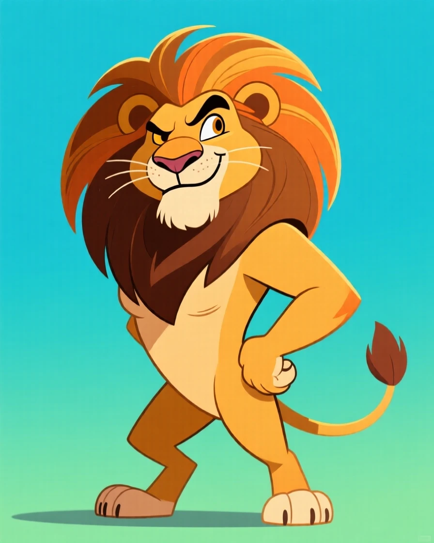 A charming animal moment featuring a proud lion striking a dramatically exaggerated pose, with a mischievous glint in its eye.