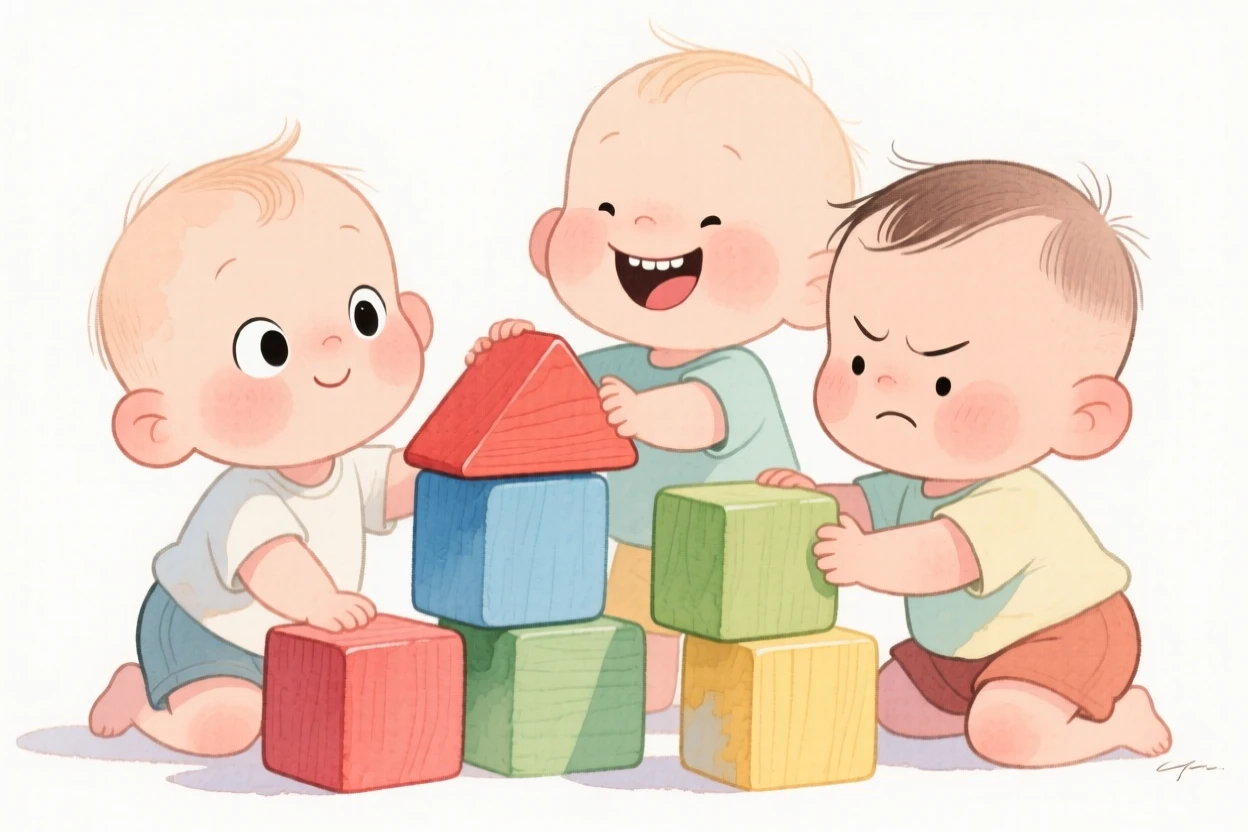 A heartwarming scene of toddlers stacking colorful wooden blocks together