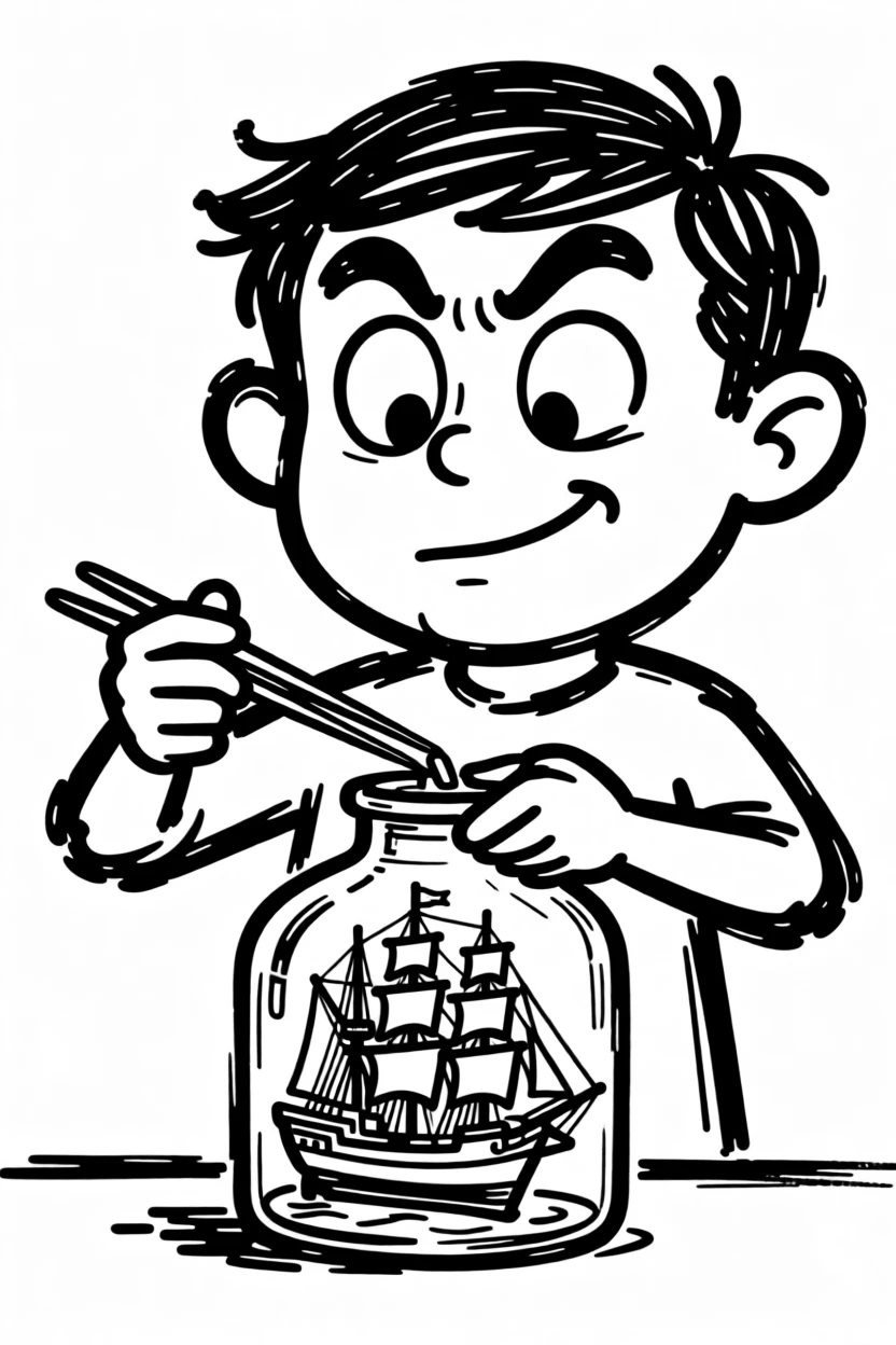 A person building an elaborate model ship inside a glass bottle with tweezers.