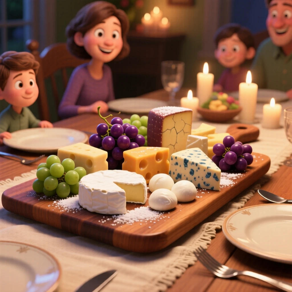 A wooden board of assorted cheeses and grapes sits at a family dinner table set for a celebration, with a light dusting of powdered sugar. The mood is festive and appetizing.