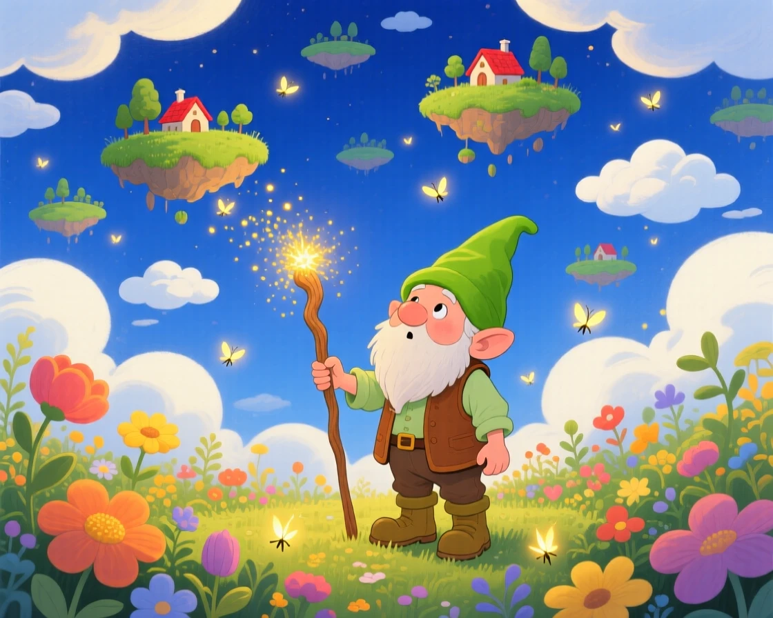 A tiny gnome gardener pauses from casting a spell that fills the sky with fireflies to marvel at a sky full of drifting islands, with clouds drifting lazily below.