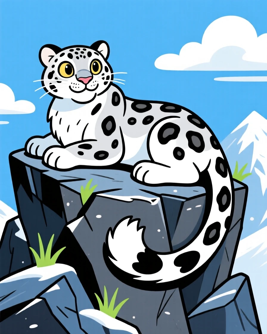 A snow leopard resting on a rocky mountain outcrop.