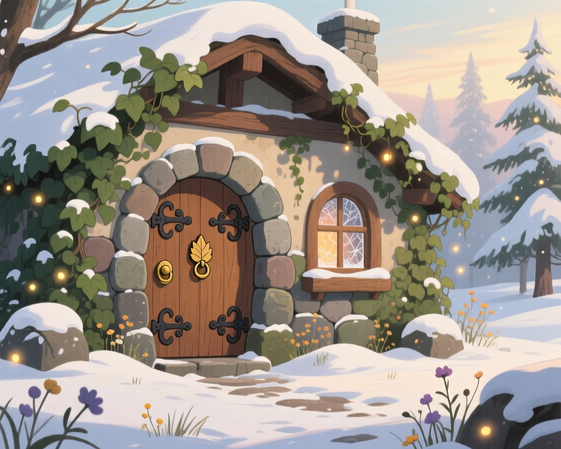 A charming view of a cozy stone cottage with a round wooden door and ivy-covered walls, dusted lightly with fresh snow.