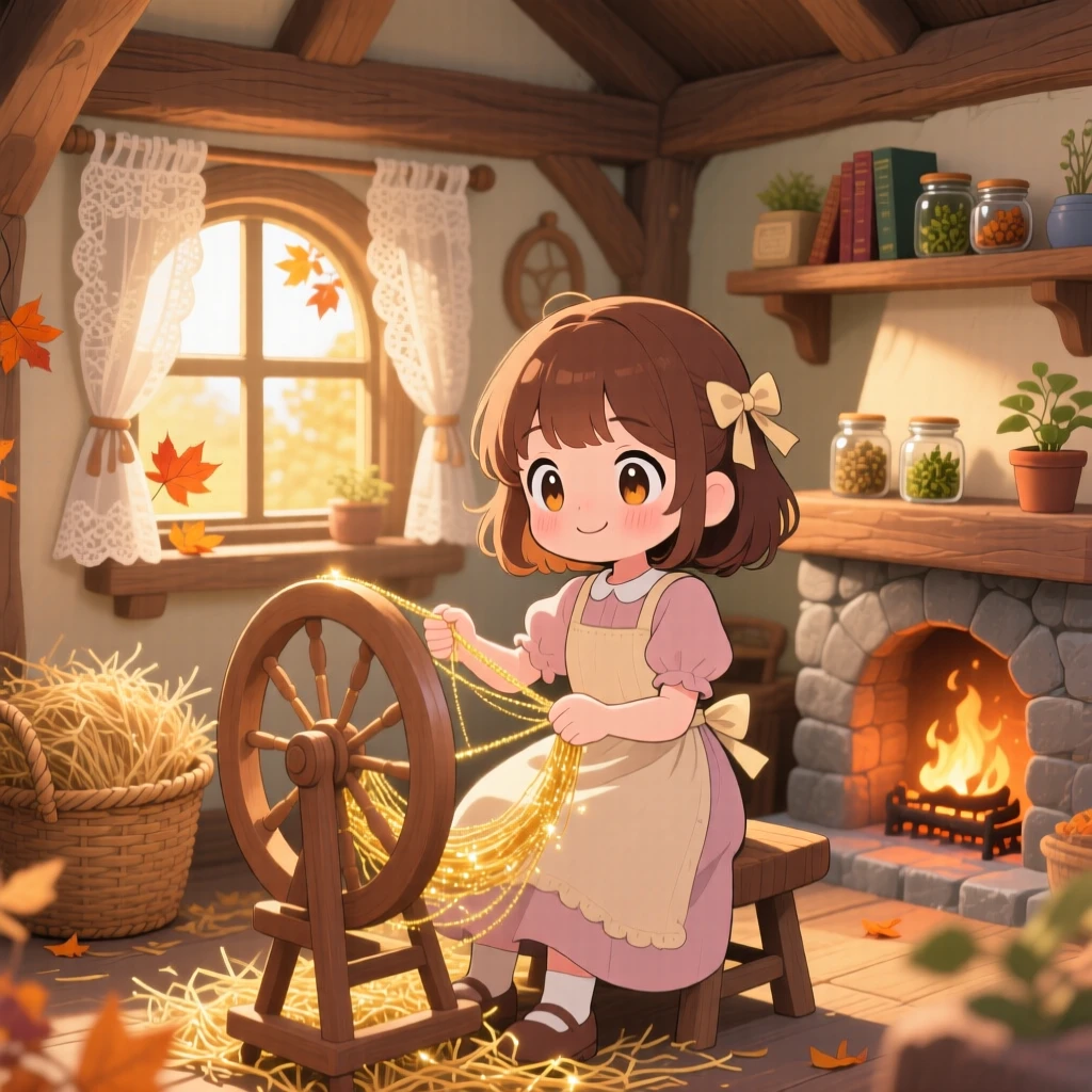 In a cozy storybook cottage room, a young girl is spinning straw that sparkles like gold on a crisp autumn afternoon, bathed in soft golden-hour sunlight, expression full of warm affection. Shot as a full-body shot.