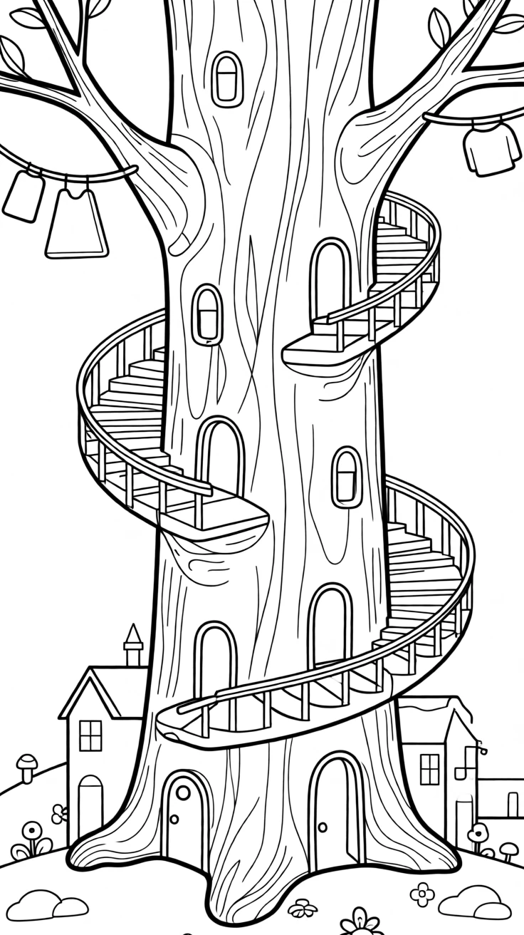 A city built inside a giant tree trunk with winding staircases