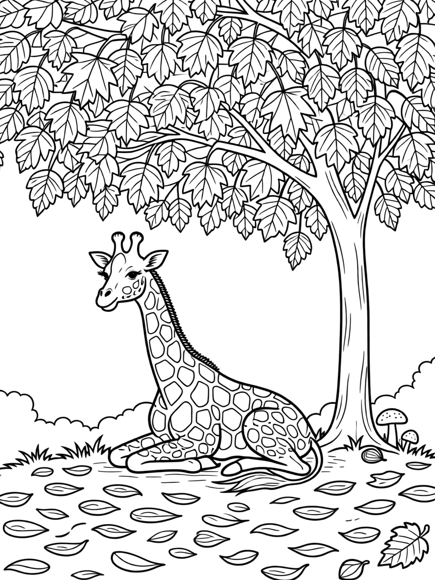A reticulated giraffe resting beneath a canopy of autumn leaves, surrounded by a scattering of fallen petals.