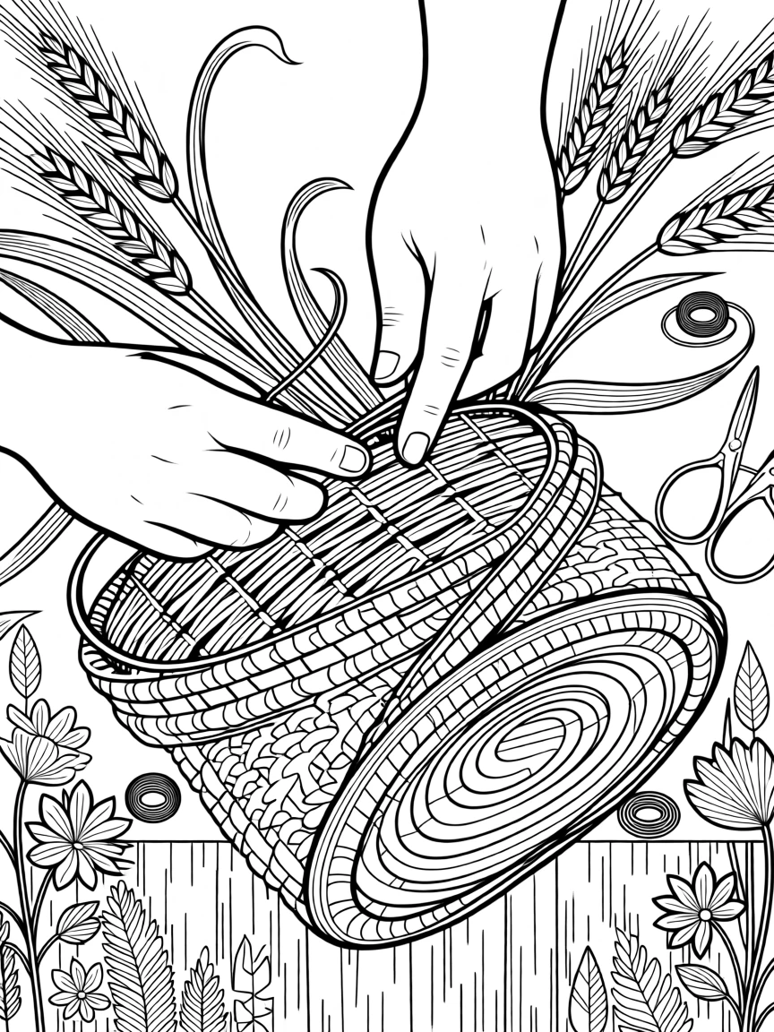 A pair of hands weaving a basket from strands of golden wheat.