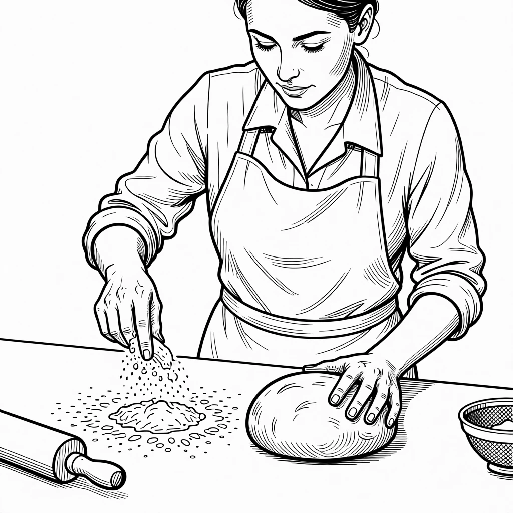A person baking bread and dusting flour across a counter