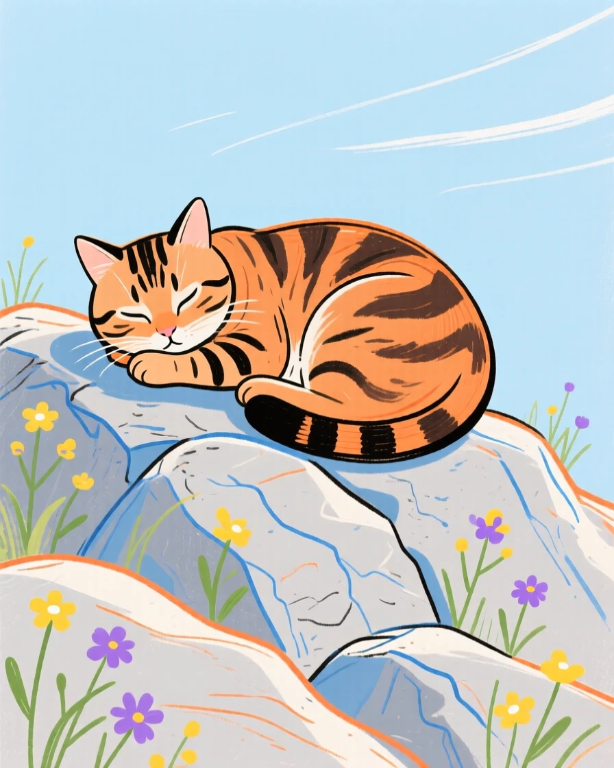A tabby cat curled up together on a rocky hillside on a quiet summer afternoon.