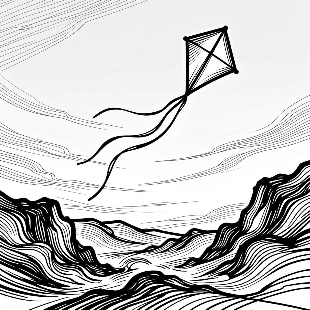 A single kite rising steadily above a stormy landscape into clear sky.