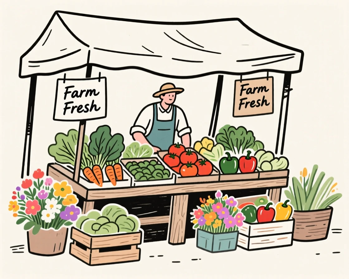 A farmer's market stall piled high with fresh vegetables and flowers.