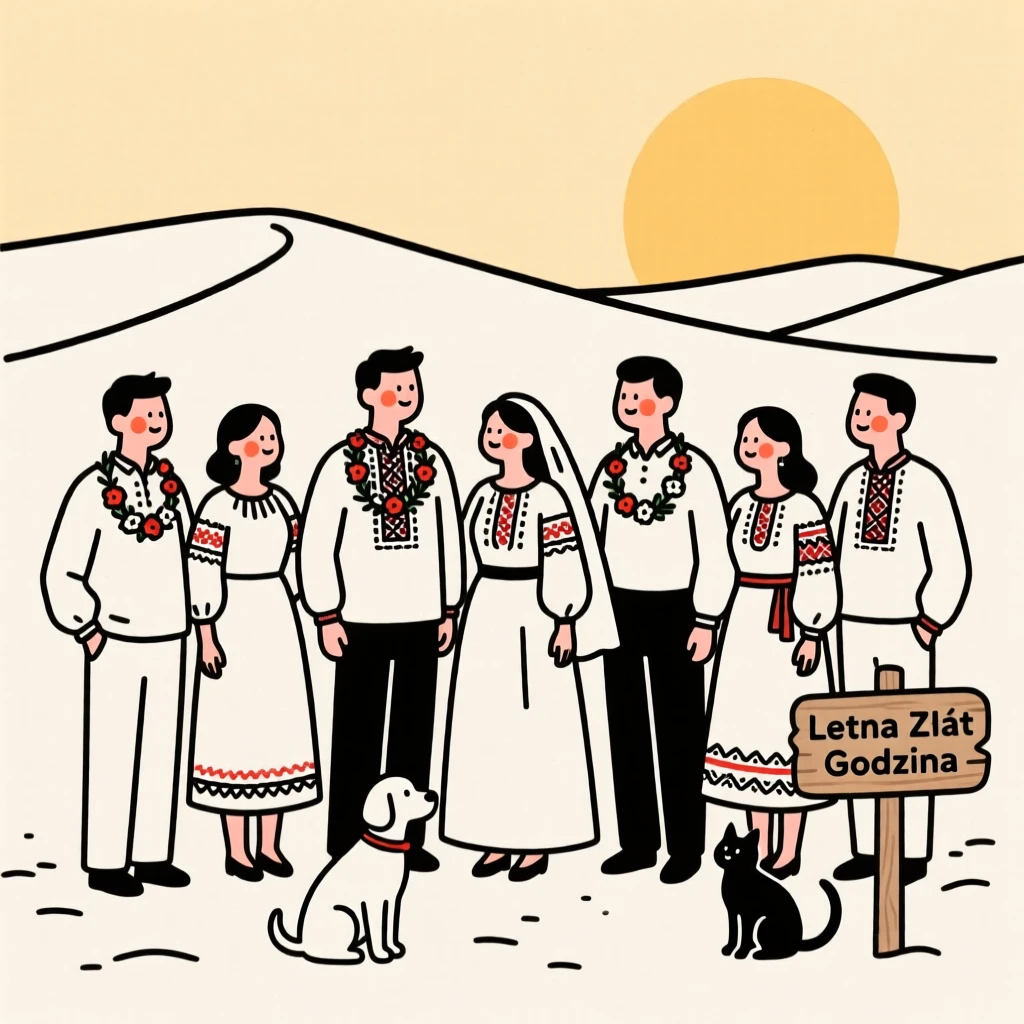 Newlyweds of Polish heritage gathering for a summer reunion, in a desert at golden hour.