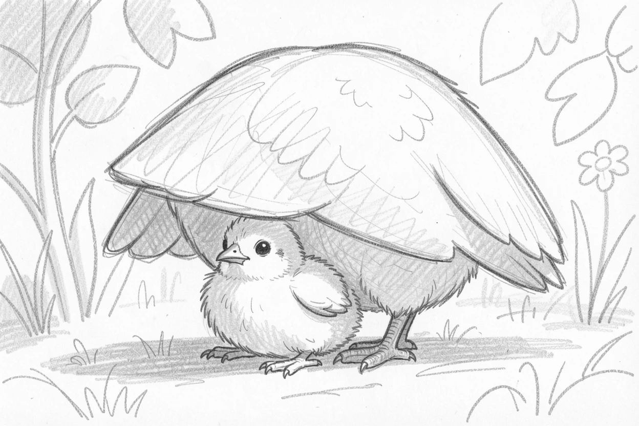 An irresistibly cute scene of a chick peeking out from beneath its mother's wing in a sunlit garden, with tiny paws tucked in close.